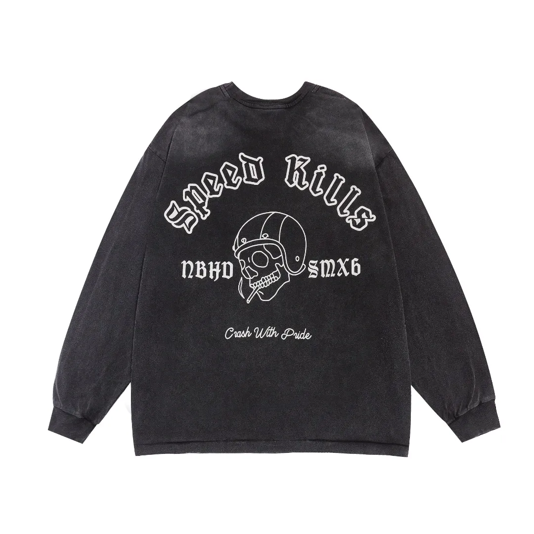 Saint Michael's trendy high-street contrasting pattern washed and aged loose round-neck long-sleeved T-shirt Fabric: 260g Style number: SM16 Size: S-M-L-XL Color: Black Price: P156